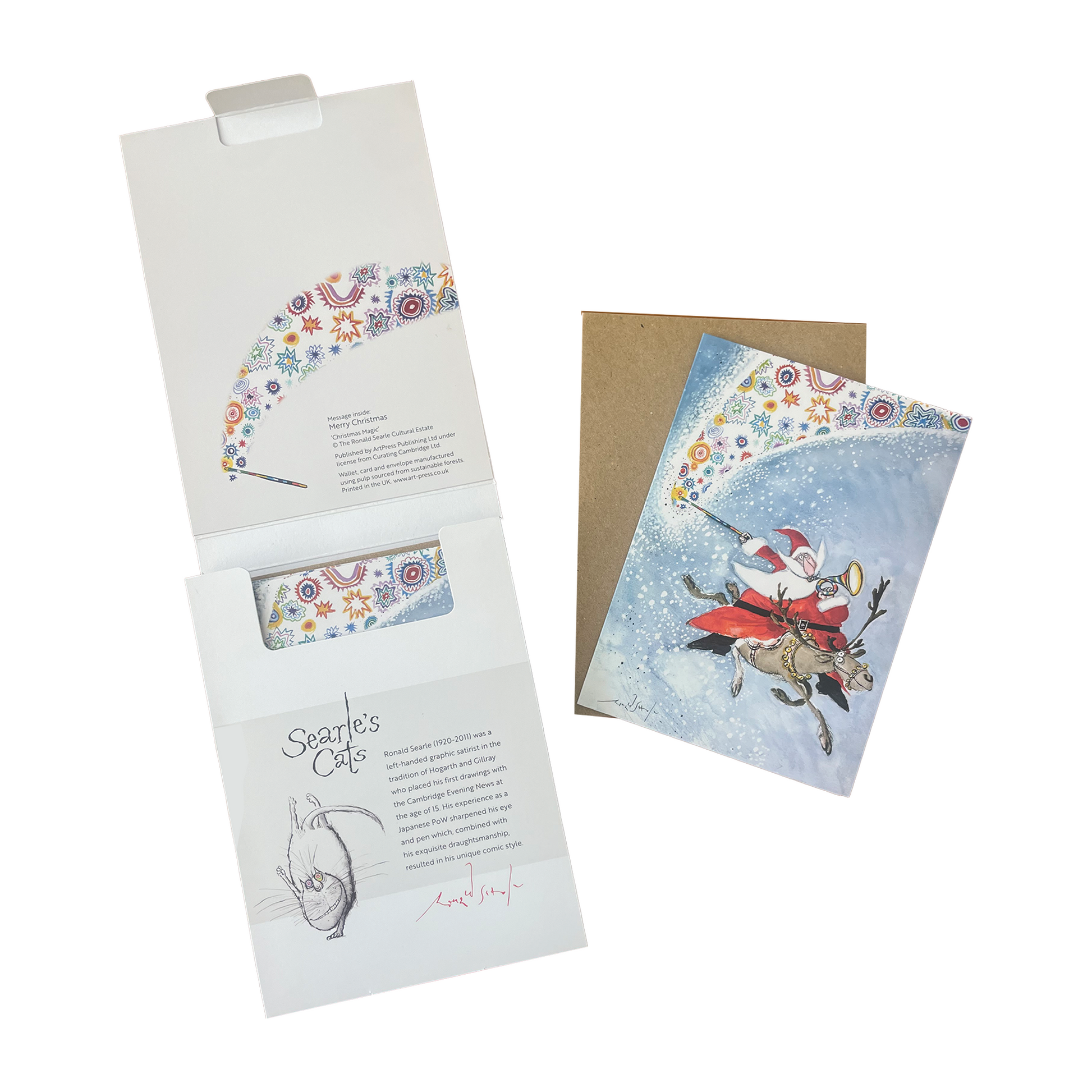 Christmas card pack with Santa Claus design and packaging on a white background.