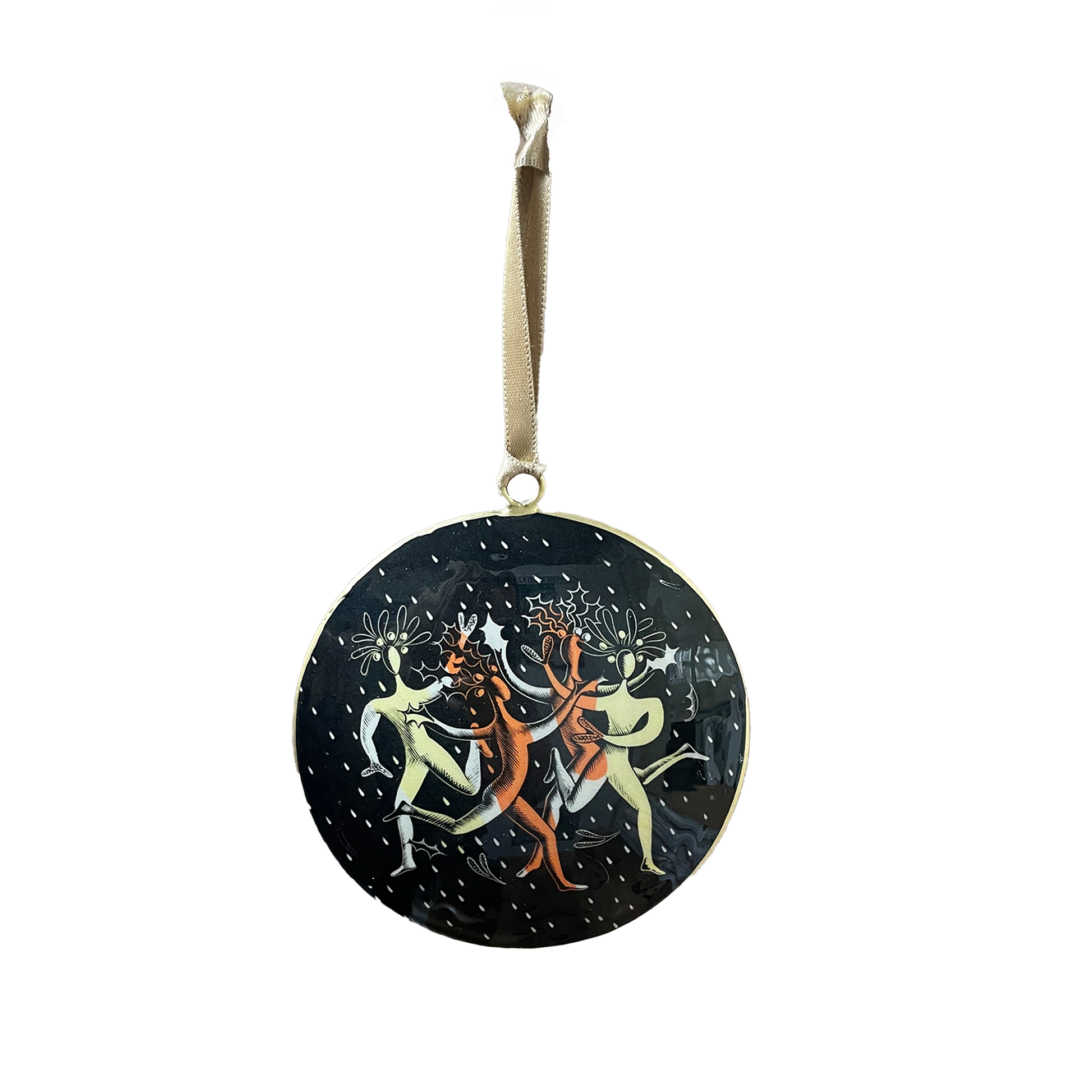 Decorative circular Christmas ornament with dancing figures on a black background, hanging from a pale gold satin ribbon.