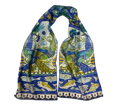 De Morgan Peacock Tiles - Habotai silk scarf