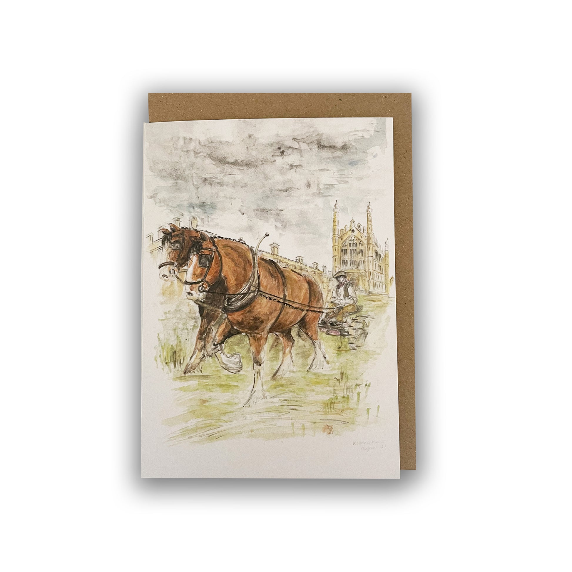 Greetings card with watercolour painting of shire horses in front of Kings College Chapel, Cambridge with brown envelope.