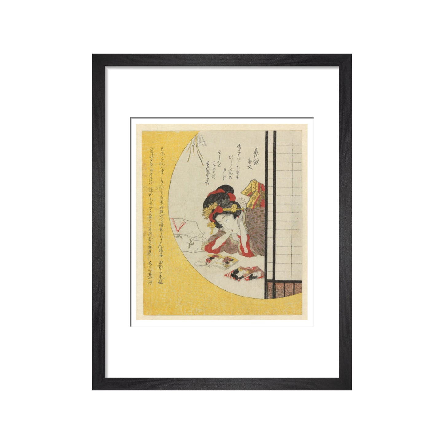 Woman seen through a window gazing at a book of actors - Art print