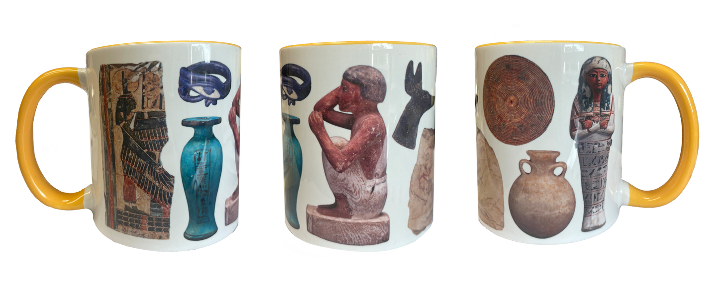 Three mugs with Egyptian-themed designs featuring hieroglyphs, statues, and artifacts on a white background.