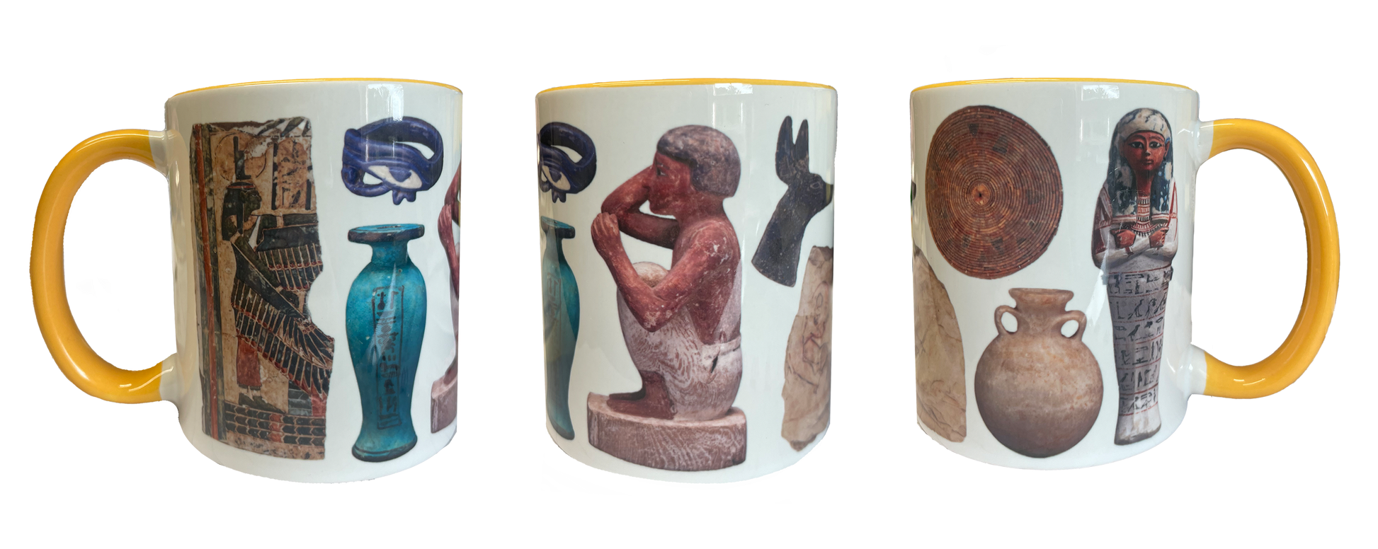 Three mugs with Egyptian-themed designs featuring hieroglyphs, statues, and artifacts on a white background.