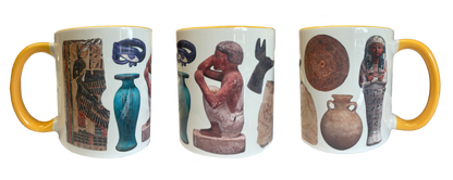 Three mugs with Egyptian-themed designs featuring hieroglyphs, statues, and artifacts on a white background.