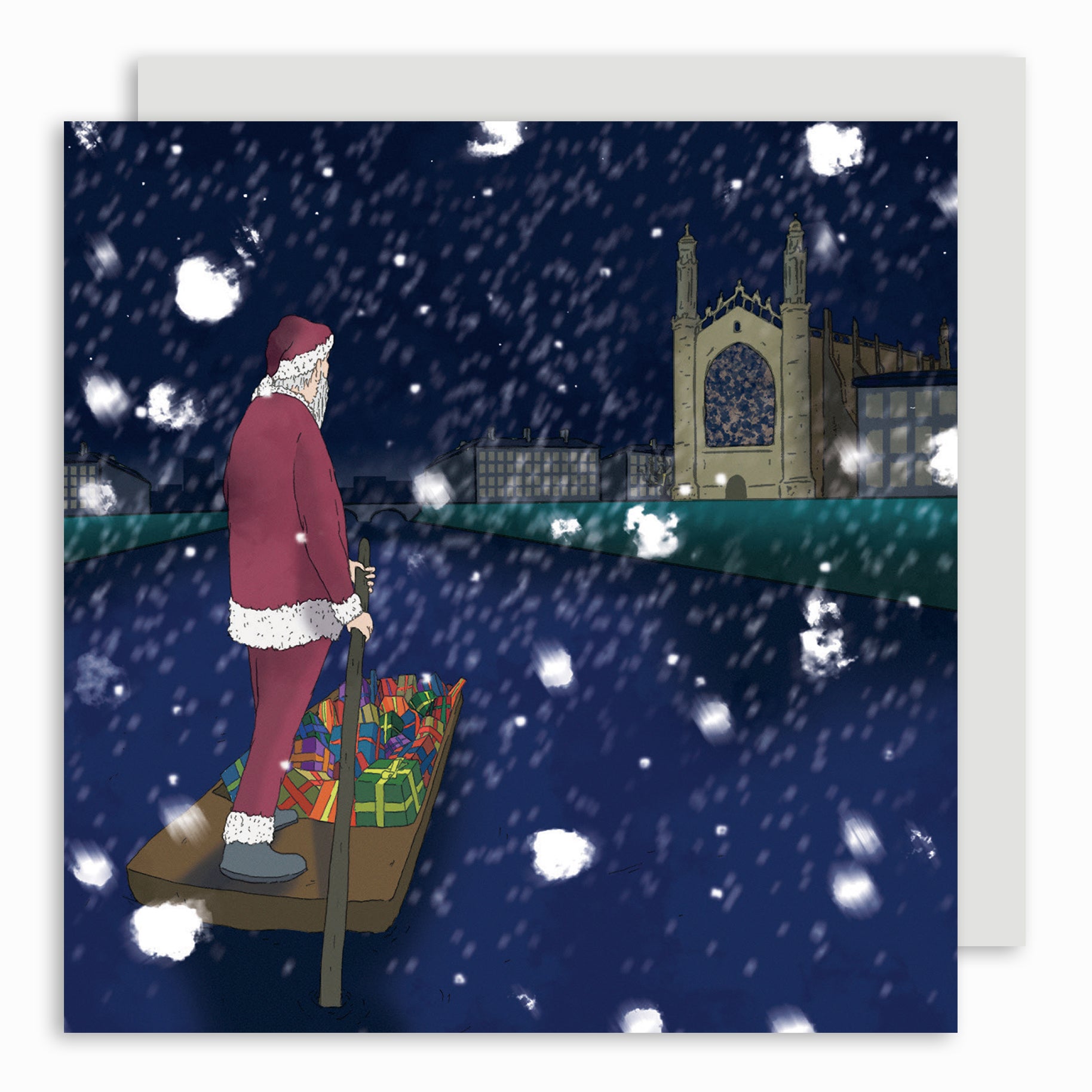Christmas card featuring Santa on a punt outside Kings College.