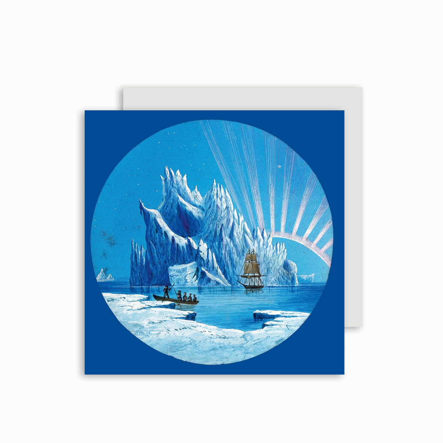Christmas card featuring image of Icebergs and and the Aurora by E. A. Wilson.