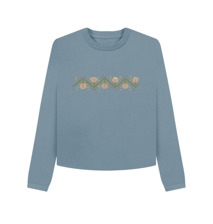 Stone Blue Women's Sampler Flower Band, Cropped Crew Neck sweater