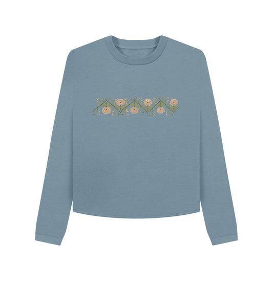 Women's Sampler Flower Band, Cropped Crew Neck sweater