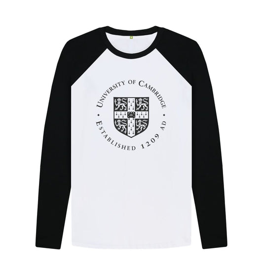 Black-White Men's University of Cambridge Baseball T-Shirt. Black and White.