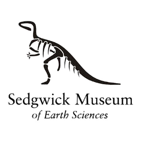 Dinosaur skeleton outline in black, logo name underneath it: Sedgwick Museum of Earth Sciences
