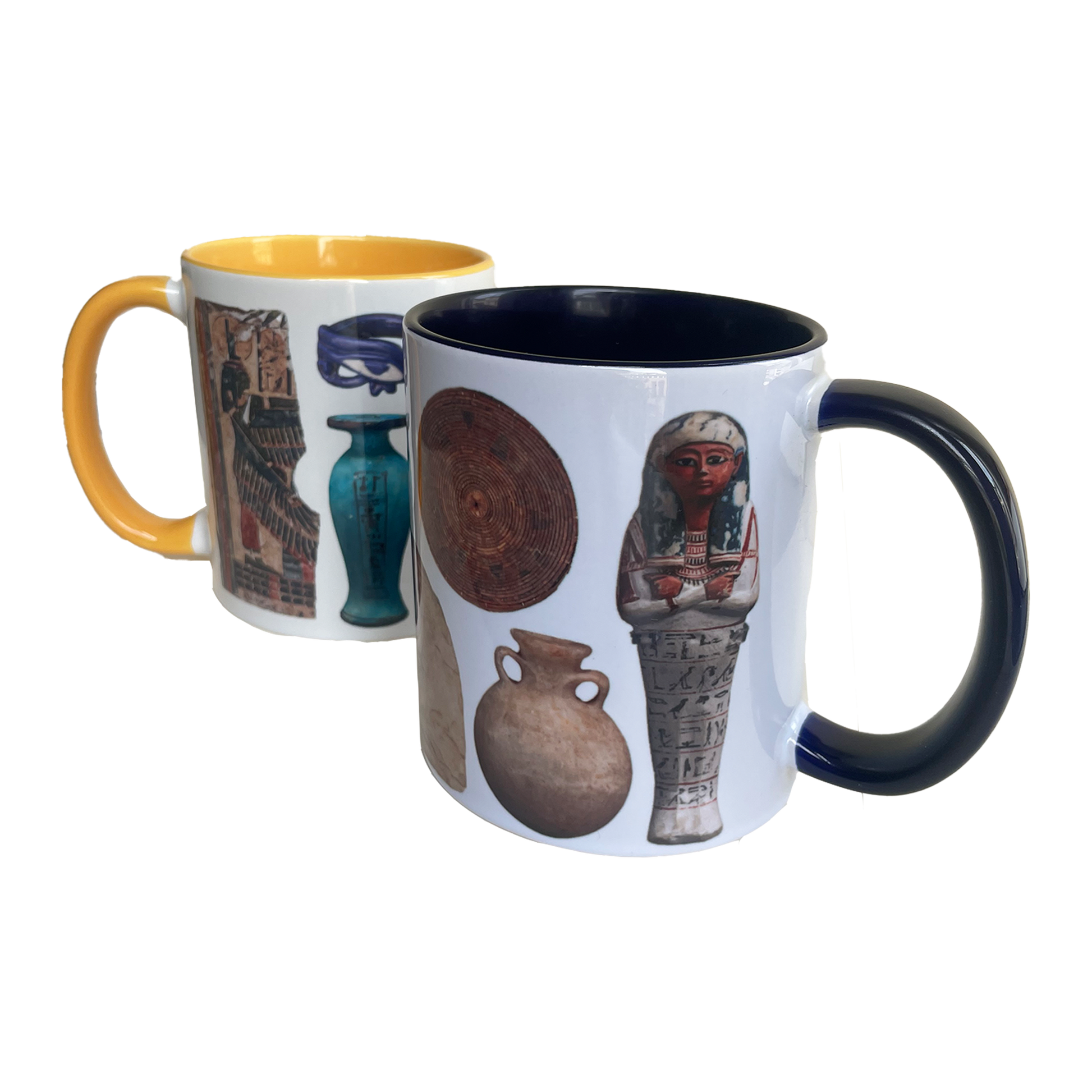 Two mugs with Egyptian-themed designs on a white background