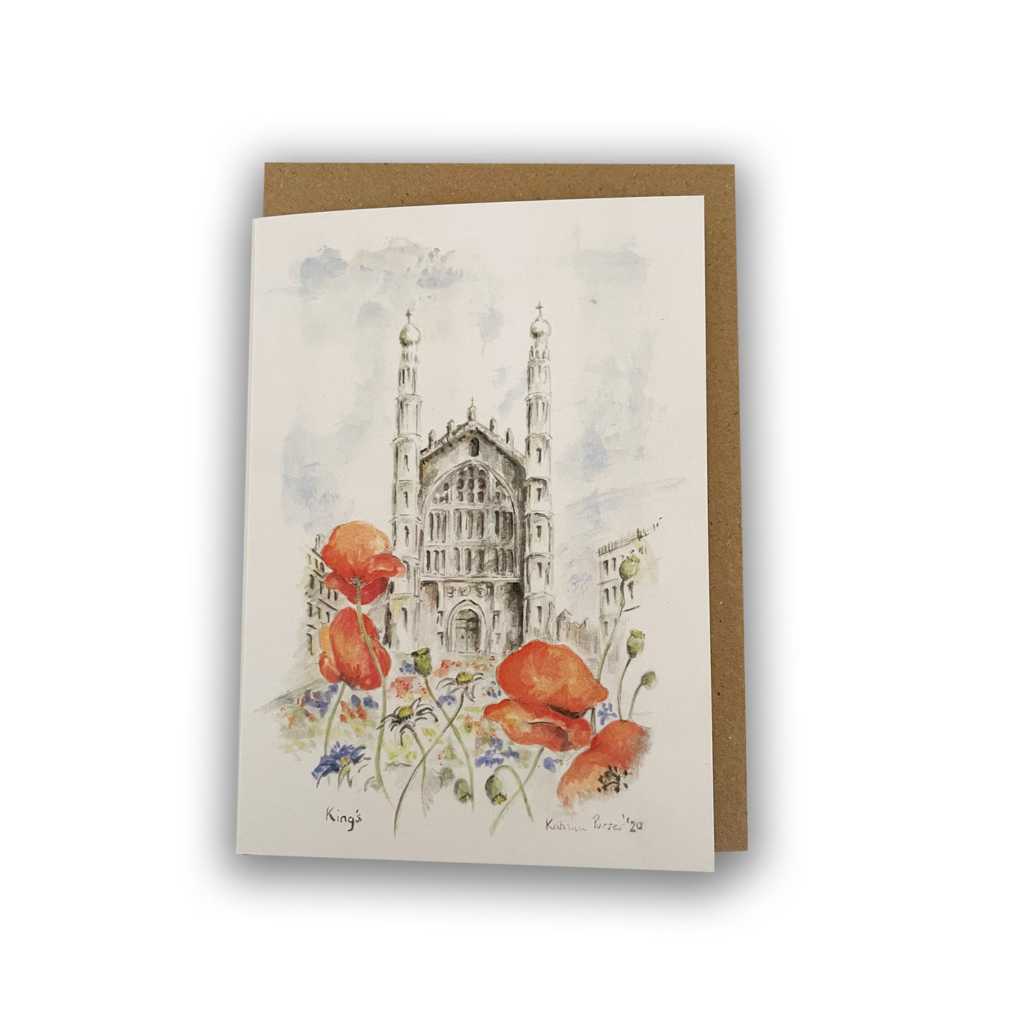 Greetings card with watercolour painting of wild flowers in front of King's College Chapel with brown envelope. 