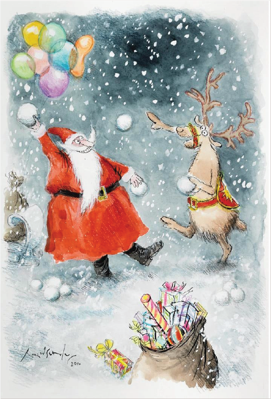 Santa and Rudolf Snowballing - Christmas card pack