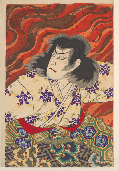 Ichikawa Sandanji I as Akiyama Kii No maki amidst flames (centre panel) - Art print