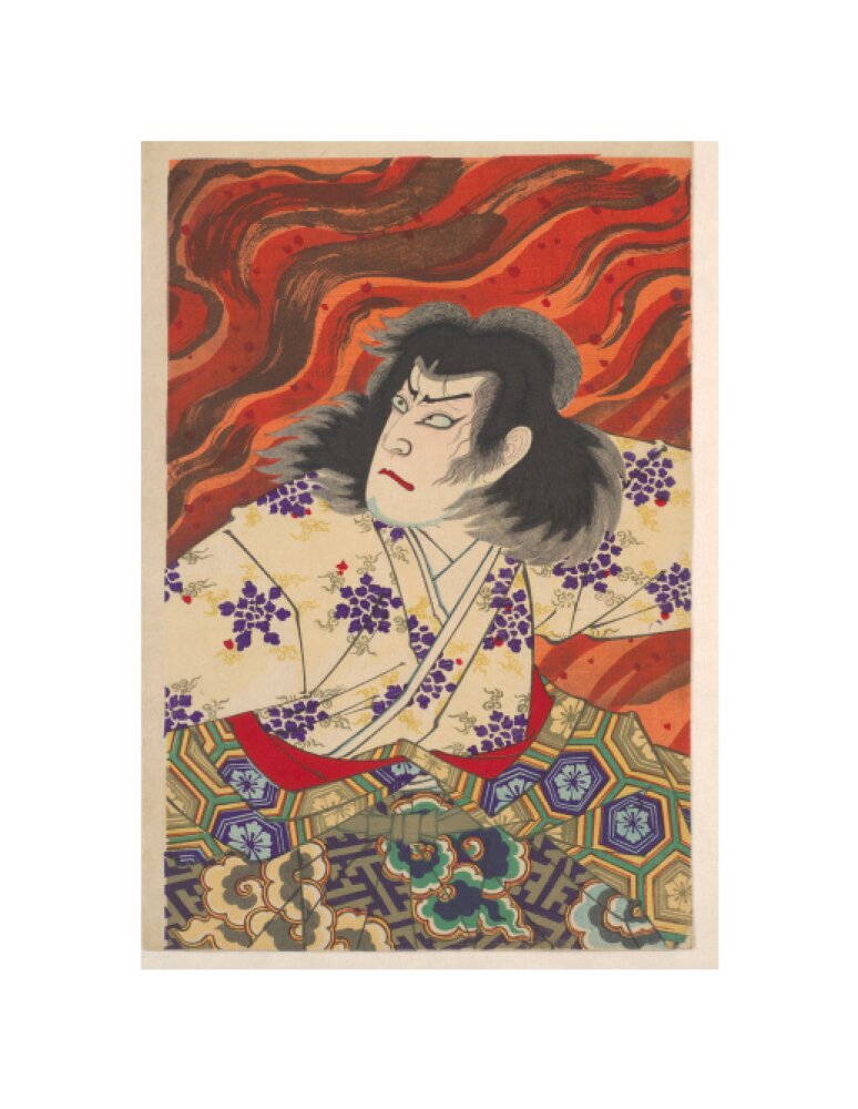 Ichikawa Sandanji I as Akiyama Kii No maki amidst flames (centre panel) - Art print