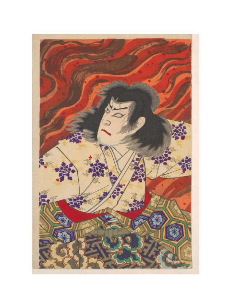 Ichikawa Sandanji I as Akiyama Kii No maki amidst flames (centre panel) - Art print