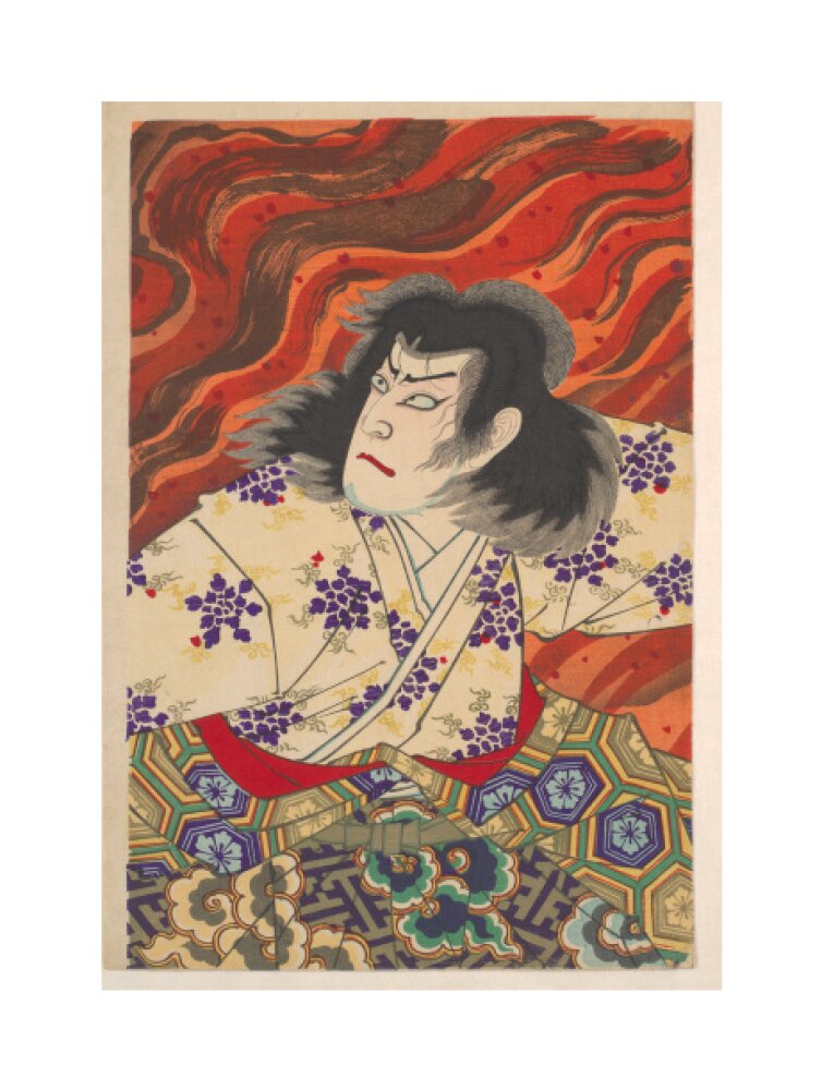 Ichikawa Sandanji I as Akiyama Kii No maki amidst flames (centre panel) - Art print