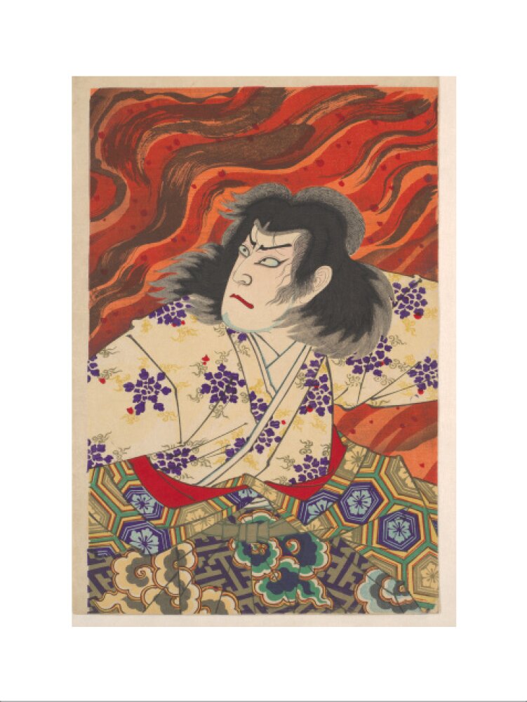 Ichikawa Sandanji I as Akiyama Kii No maki amidst flames (centre panel) - Art print