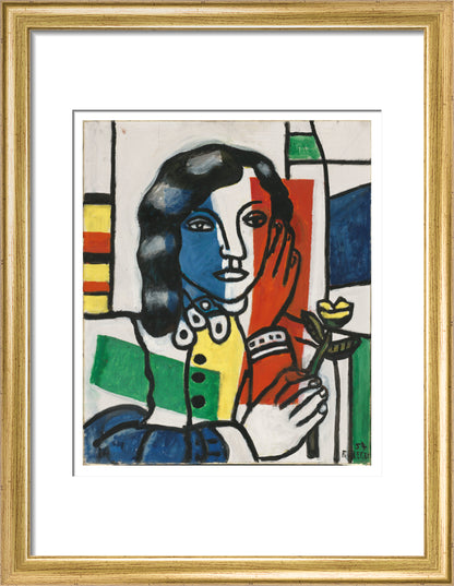 Young Girl Holding a Flower (art print, small, gold)