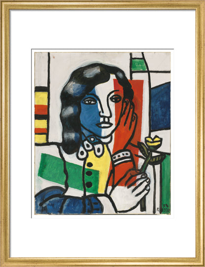 Young Girl Holding a Flower (art print, medium, gold)