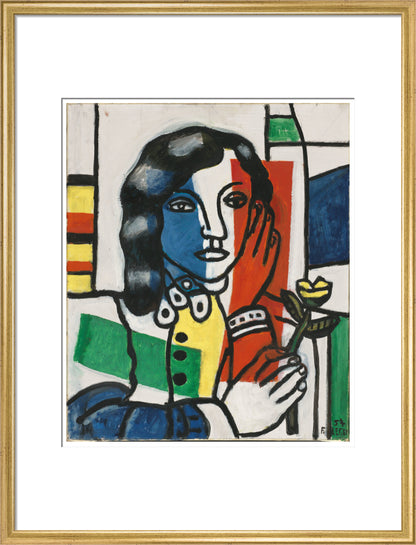 Young Girl Holding a Flower (art print, large, gold)