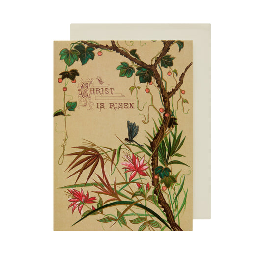 Greeting card, portrait format - illustration from Cambridge University Library. Tree with flowers and dragonfly, bordering the lettering 'CHRIST IS RISEN.' Brought to you by CuratingCambridge.co.uk