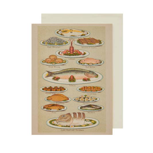 Greeting card, portrait format. Fish dishes illustrations, including Fried Whitebait, Lobster, Salmon with lemon, Mackerel, and Cod's Head and Shoulders. From Mrs Beeton's Book of Household Management, collection of Cambridge University Library. Brought to you by CuratingCambridge.com