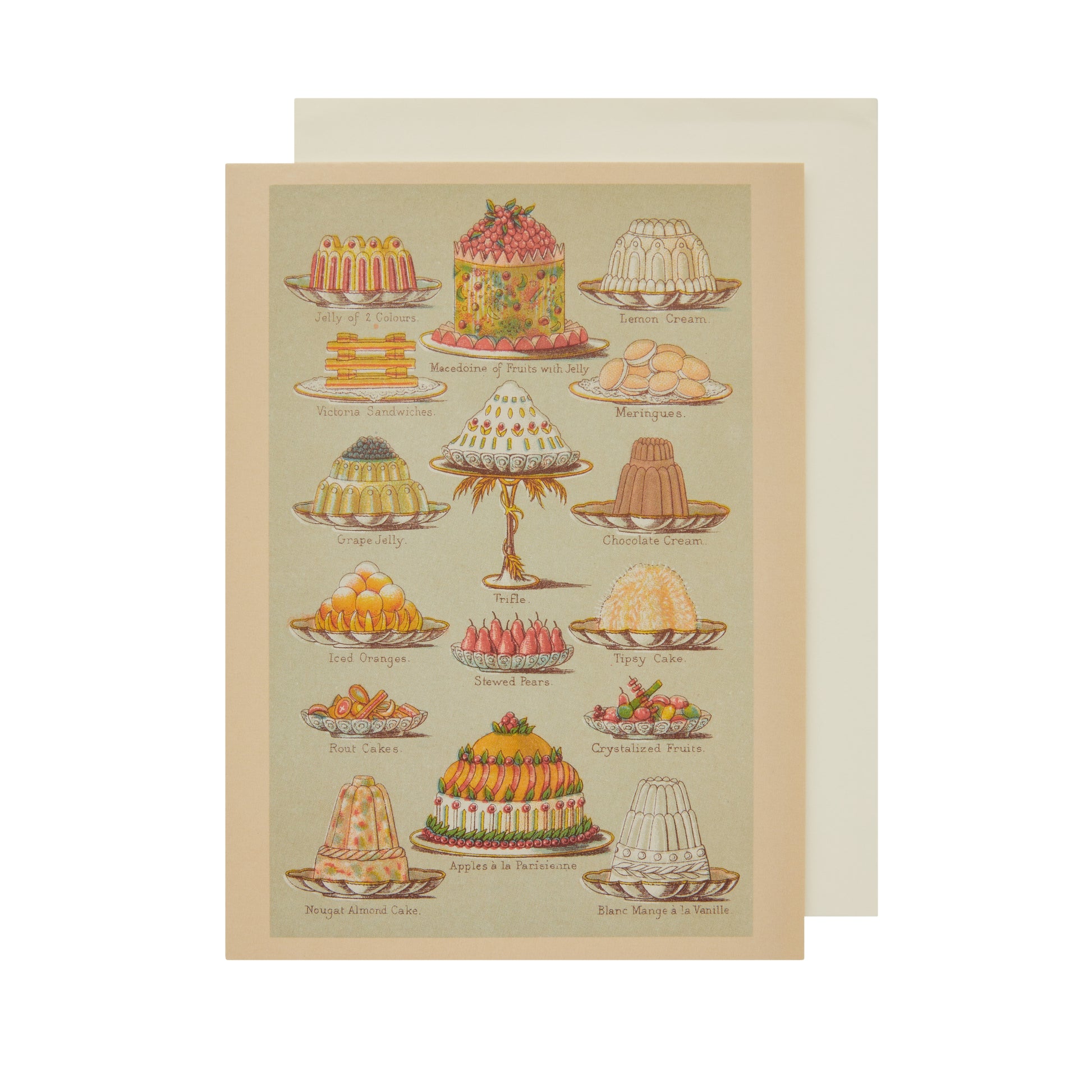 Greeting card, portrait format, with illustrations of creams and jellies from Mrs Beeton's Book of Household Management. From the collection of Cambridge University Library, brought to you by CuratingCambridge.com
