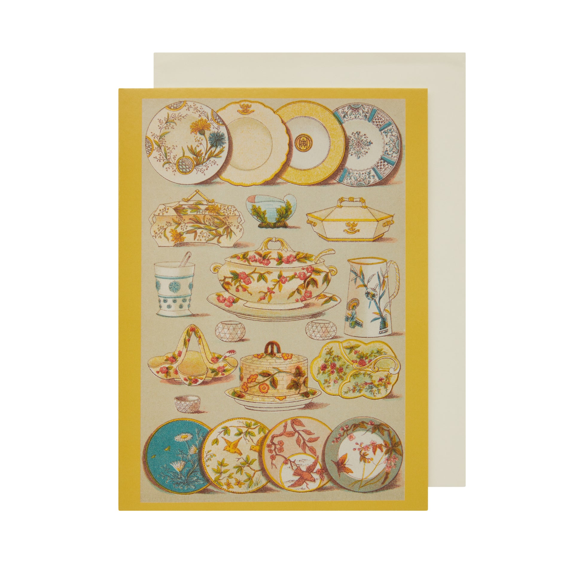 Greeting card, portrait format - dinner crockery from Mrs Beeton's Book of Household Management. Including colourful decorated dinner plates at top and bottom, an assortment of serving dishes, and a floral jug. With yellow border. From the collection of Cambridge University Library, brought to you by CuratingCambridge.co.uk