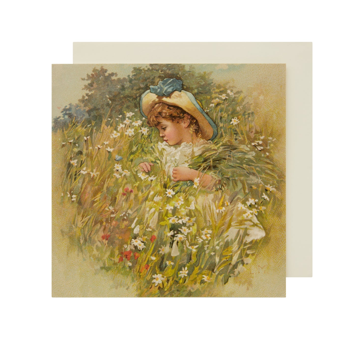 Square greeting card with illustration of a girl amongst grasses and meadow flowers. Brought to you by CuratingCambridge.co.uk
