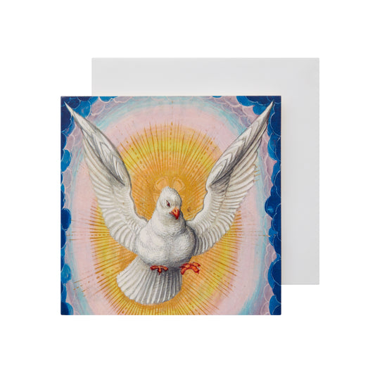 Small square Easter cards - white dove flying against a background of yellow, pink, and blue. From the collection of The Fitzwilliam Museum, brought to you by CuratingCambridge.co.uk