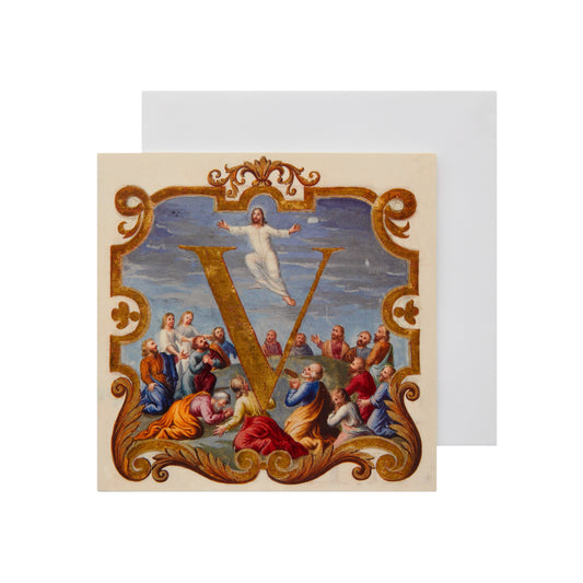 Easter cards - Ascension of Christ with golden illuminated letter V and gold border, from the collection of The Fitzwilliam Museum. Brought to you by CuratingCambridge.co.uk