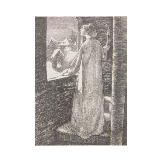 Rectangular Christmas card, portrait format. Engraving of a woman looking out of a window, in the style of the Pre-Raphaelites. From the collection of The Fitzwilliam Museum.