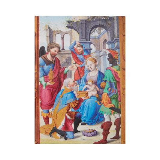 Rectangular Christmas card, portrait format. The Virgin and Child central, with the magi bringing gifts. From the collection of The Fitzwilliam Museum.