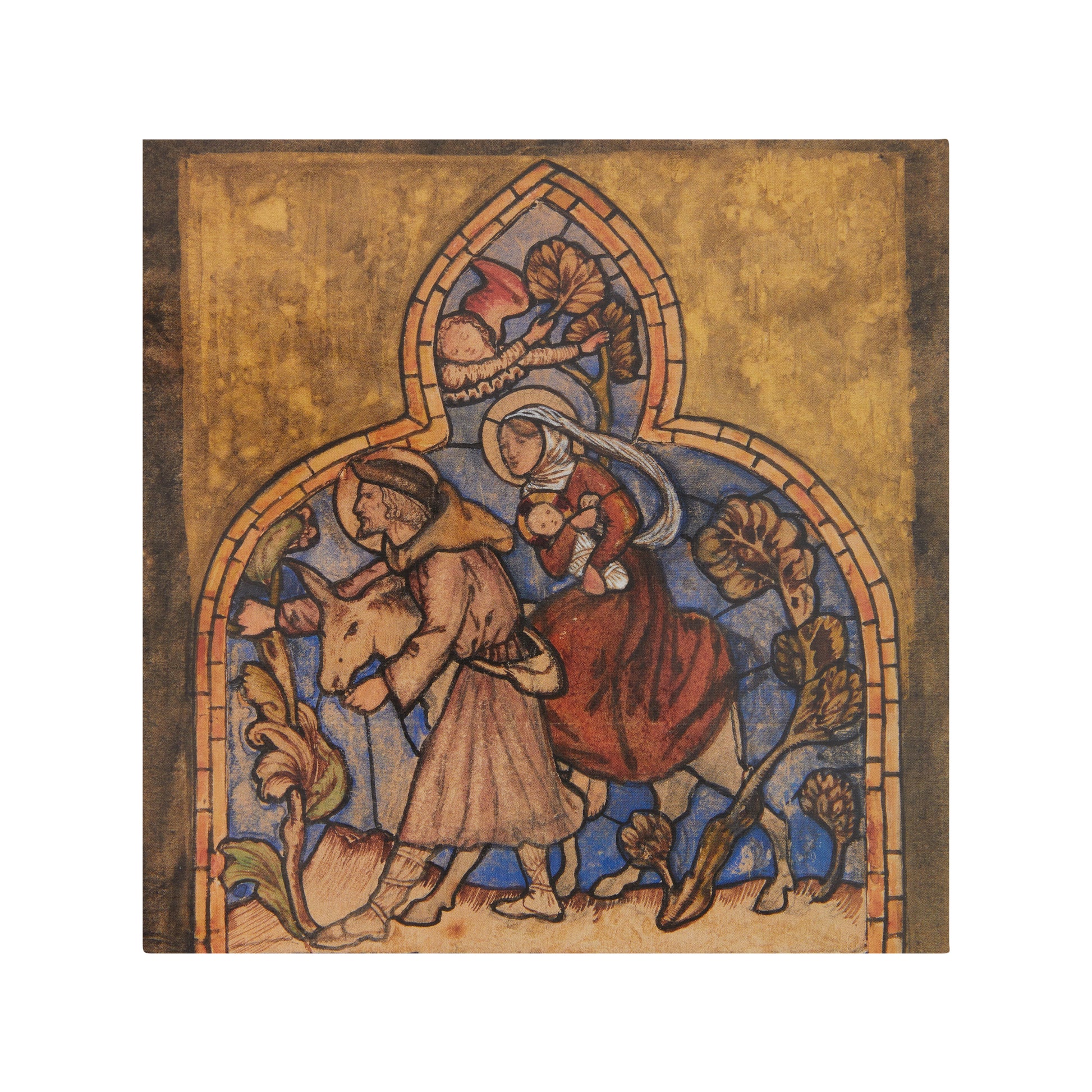 Large square Christmas card, the holy family within stained glass window design. Gold surround. By Edward Burne-Jones. From the collection of The Fitzwilliam Museum.