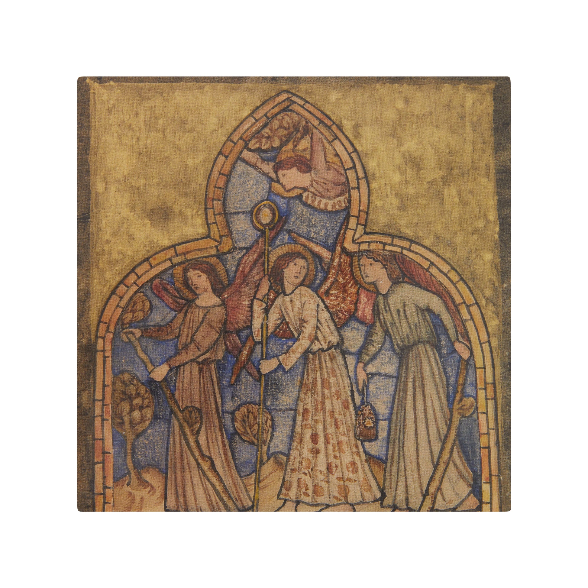 Large square Christmas card - Four angels within a stained glass window design, gold surround. By Edward Burne-Jones. From the collection of The Fitzwilliam Museum.