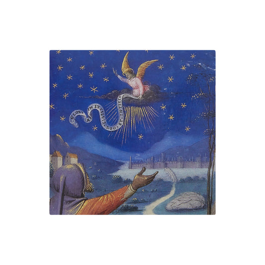 Small square Christmas card, an angel and cloud in a deep blue starry sky. A shepherd below rejoices. From the collection of the Fitzwilliam Museum.