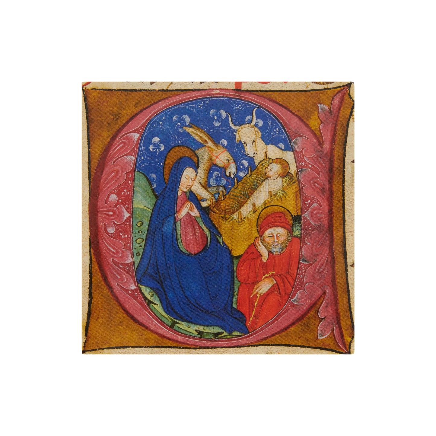 Small square Christmas card - Illuminated letter with nativity scene from an illuminated manuscript. From the collection of the Fitzwilliam Museum.