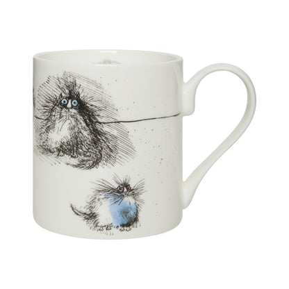 White bone china mug with cat illustrations in black line work. By Ronald Searle. From the collection of the Fitzwilliam Museum.