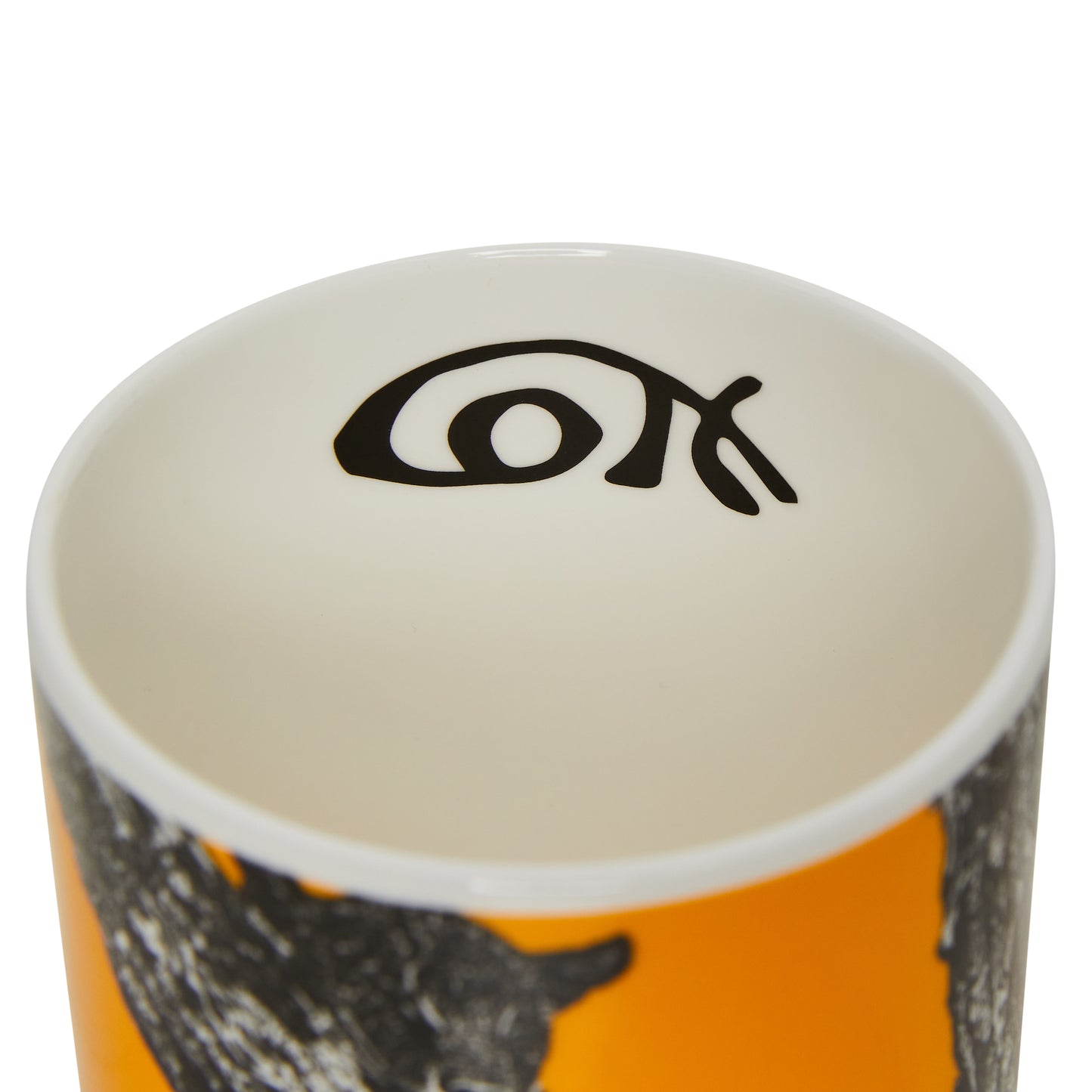 Bone china mug interior, white interior with detail of 'Cott' signature