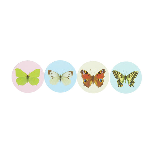Four circular butterfly magnets - yellow brimstone on pale pink, large white on pale blue, peacock on cream, swallowtail on pale green. From the collection of the Museum of Zoology.