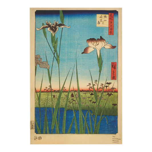 Tea towel with Japanese woodblock print: Iris Garden by Hiroshige. Portrait format. From the collection of The Fitzwilliam Museum.
