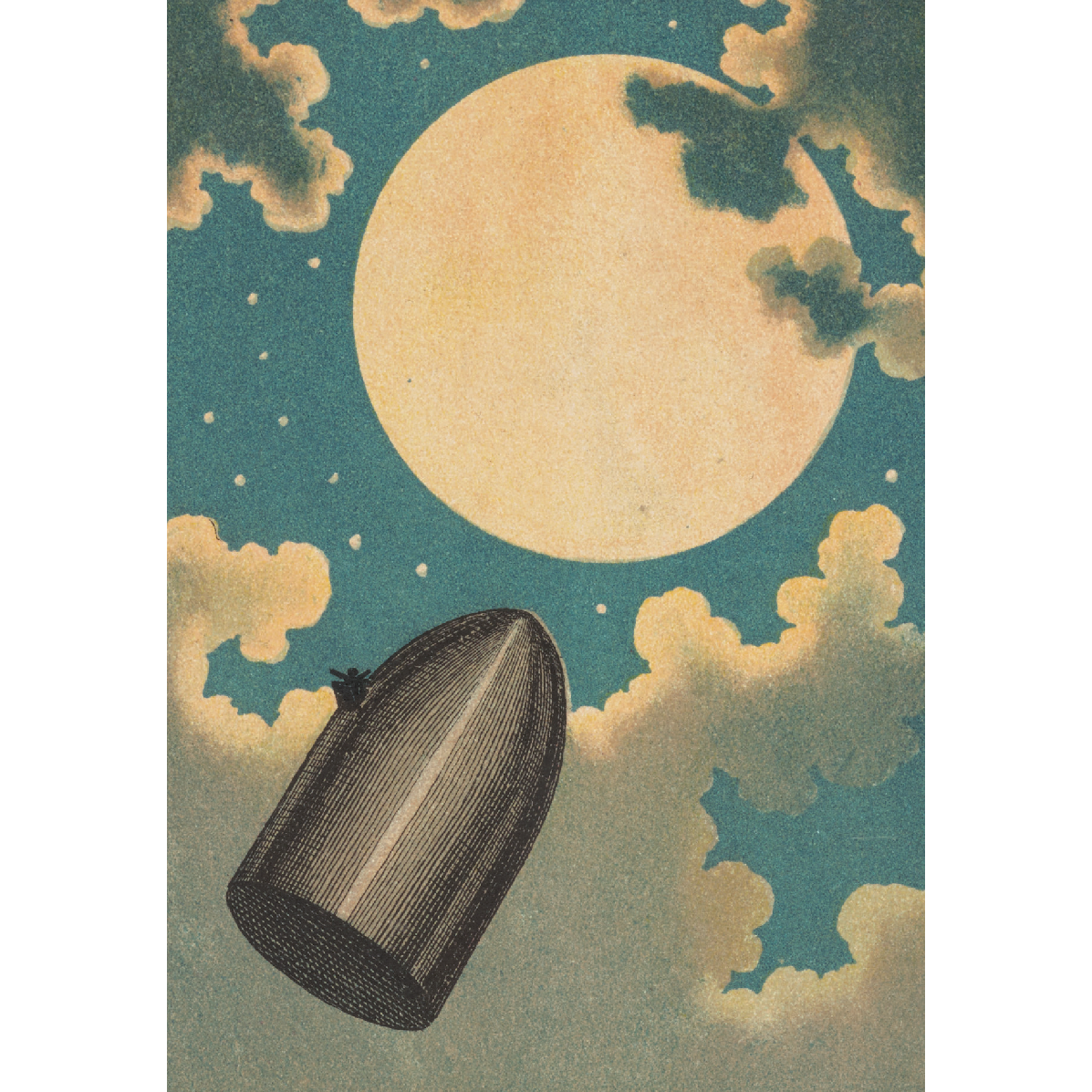 Greeting card - portrait format. Illustration of a black/silver projectile heading to a full moon, against a blue sky with clouds and stars. From the collection of Cambridge University Library, brought to you by CuratingCambridge.com