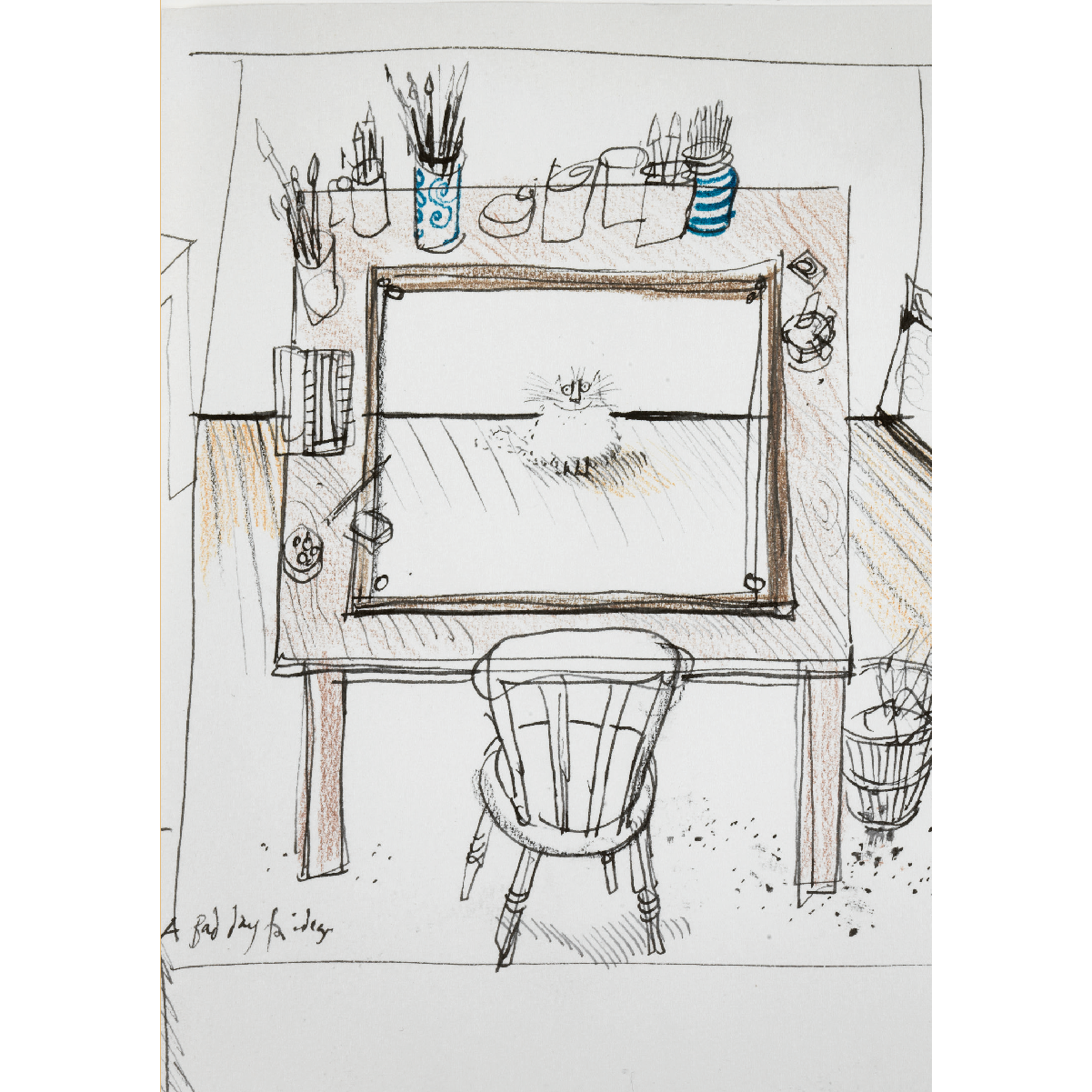 Greeting card - portrait format. Illustration by Ronald Searle: an artist's desk with pots of paintbrushes and pens, and a drawing of a cat on the paper. From the collection of The Fitzwilliam Museum, brought to you by CuratingCambridge.com