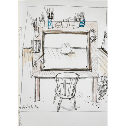 Greeting card - portrait format. Illustration by Ronald Searle: an artist's desk with pots of paintbrushes and pens, and a drawing of a cat on the paper. From the collection of The Fitzwilliam Museum, brought to you by CuratingCambridge.com