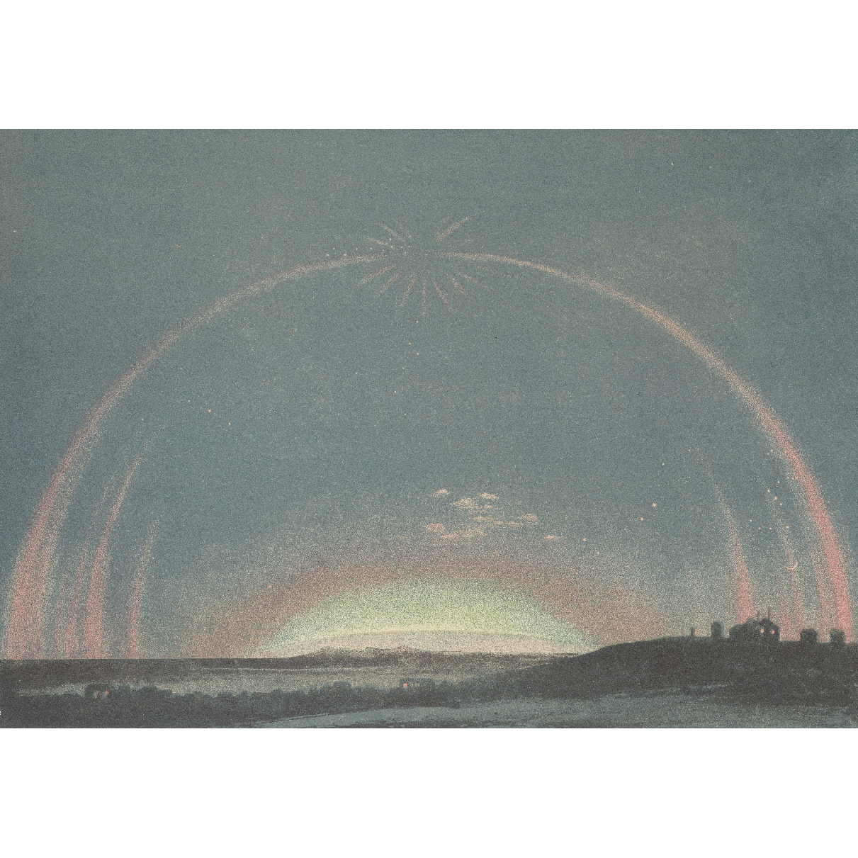 Greeting card - landscape format. Meteorological illustration of grey/blue sky, with a pink arch and glowing light over a flat landscape. From the collection of Cambridge University Library, brought to you by CuratingCambridge.com