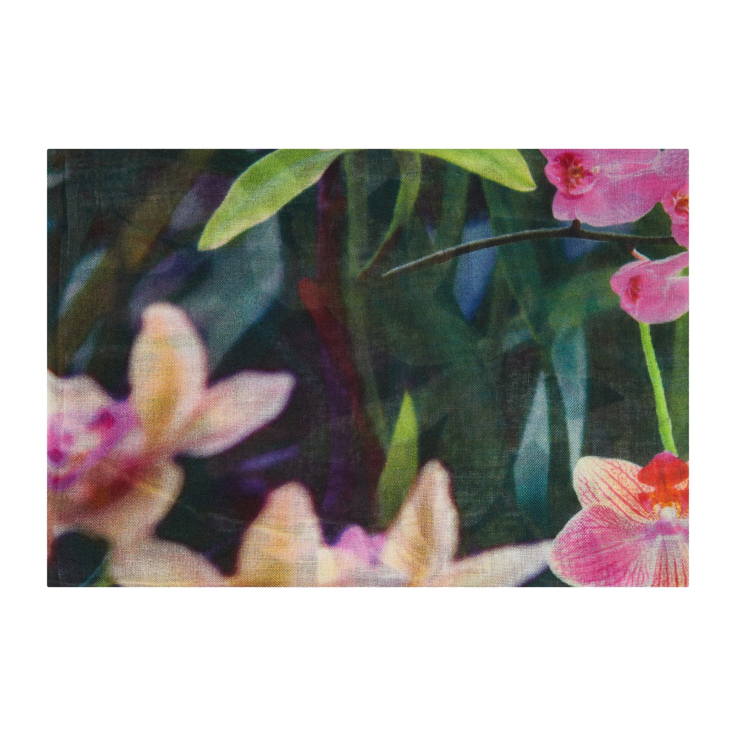 Silk/modal scarf with pink orchids design, based on photography from Cambridge University Botanic Garden.