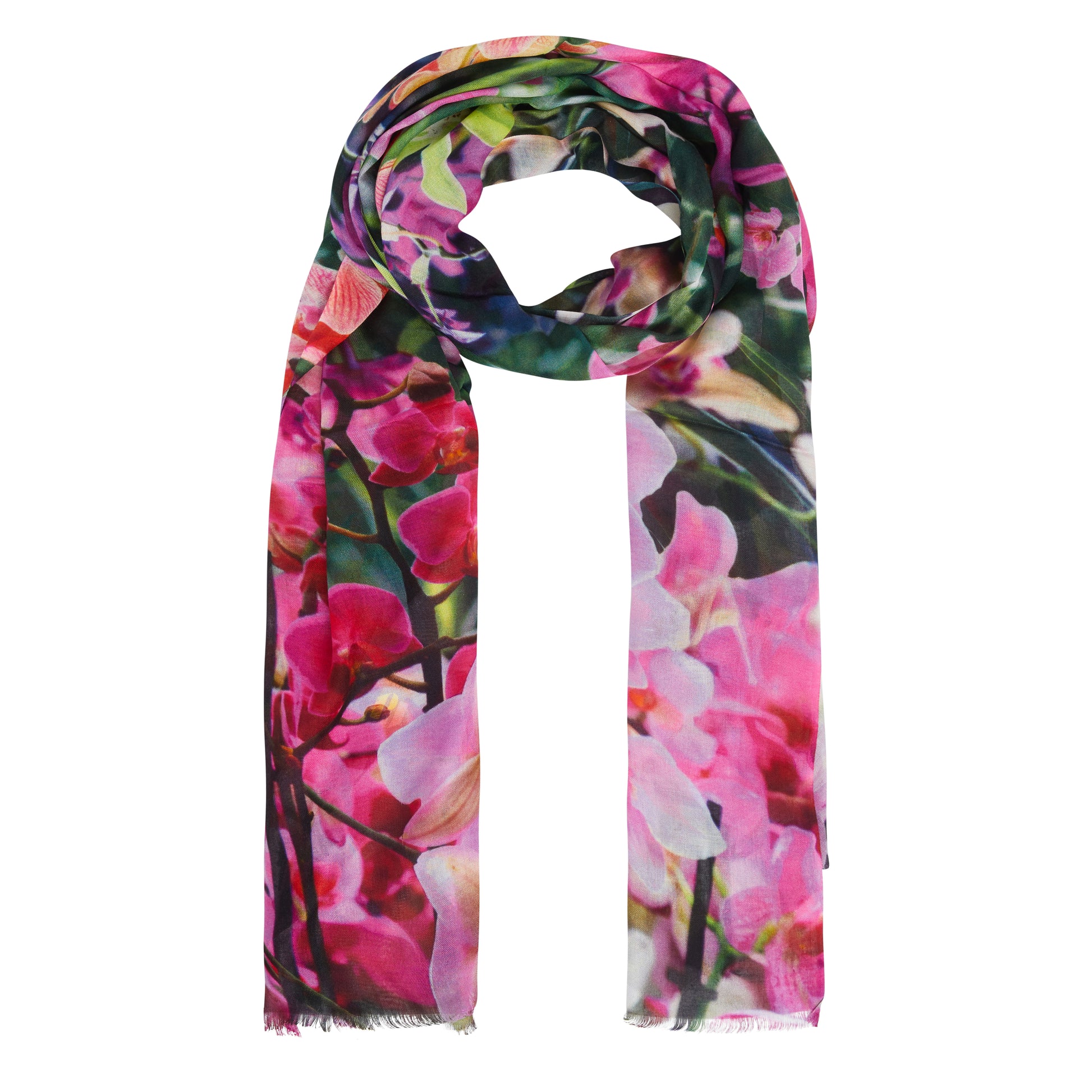 Silk/modal scarf with pink orchids design, based on photography from Cambridge University Botanic Garden.