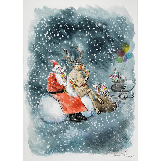 Christmas card pack - Santa and Rudolph eating Ice Cream by Ronald Searle. From the collection of the Fitzwilliam Museum, brought to you by CuratingCambridge.co.uk