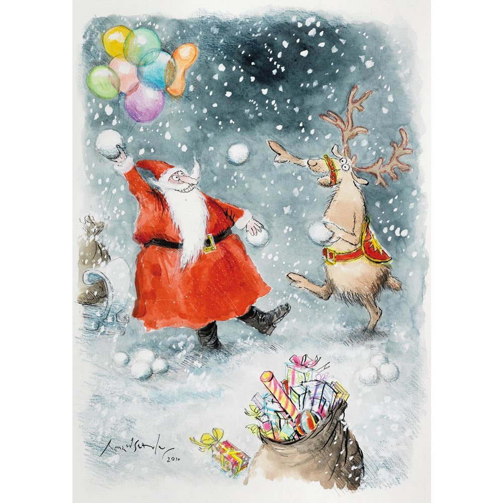 Christmas card pack - Santa and Rudolph Snowballing by Ronald Searle. From the collection of the Fitzwilliam Museum, brought to you by CuratingCambridge.co.uk